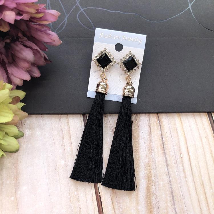 Retro flower gemstone with diamond fringed stud earrings long celebrity temperament earrings women's versatile earrings