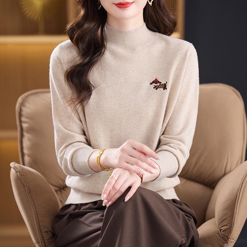 Women's Pure Wool Half-High Neck Sweater: Winter Warm, Loose Fit, Fashionable for Middle-Aged & Elderly Mothers