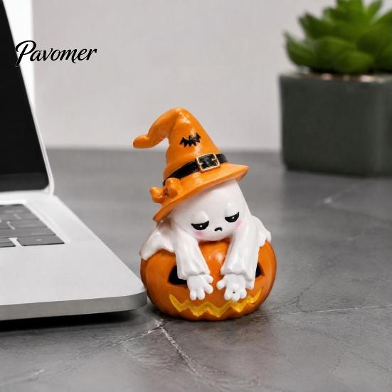 Holiday Party Prank Trinket Ghost Pumpkin Figurine, Cute Sad Leaning on Desk Decorative Resin Craft Decor, Spooky Halloween Decoration for Home Table