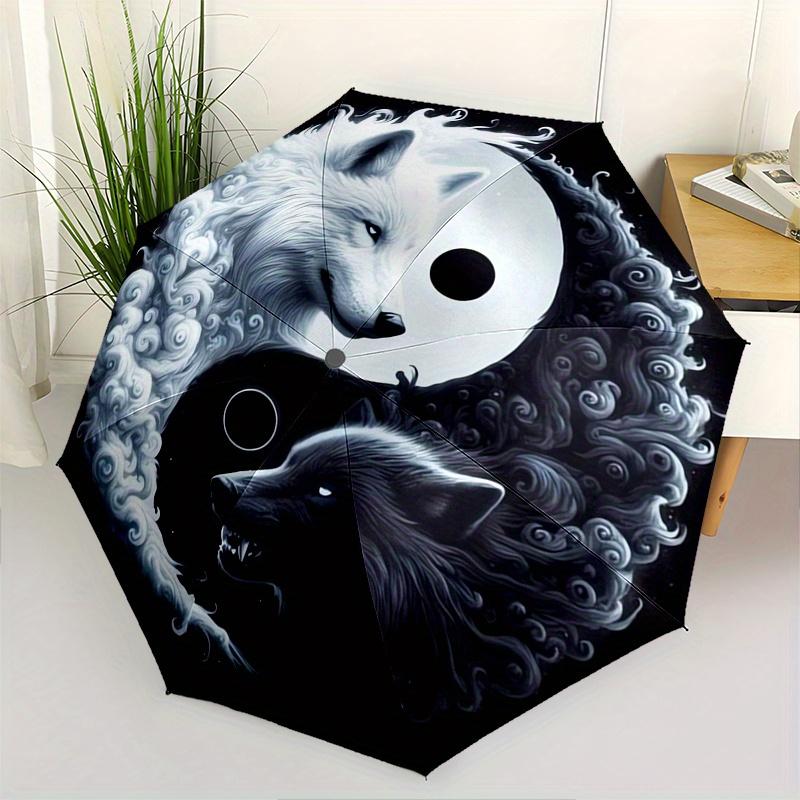 Wolf Yin Yang Automatic Folding Umbrella 8 Ribs, Durable Iron Frame, Bright Color Pattern Compact Travel Umbrella, Suitable for Outdoor, Be