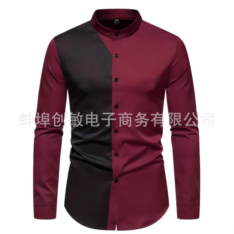 Men Color Block Stand Collar Long Sleeve Button Shirt S
