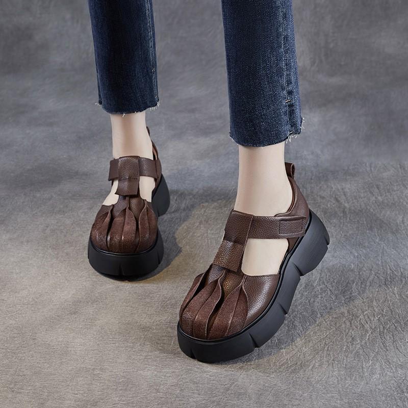 Johnature Retro Thick Soled Sandals Genuine Leather Comfortable Round Toe Versatile Women's Platform Shoes