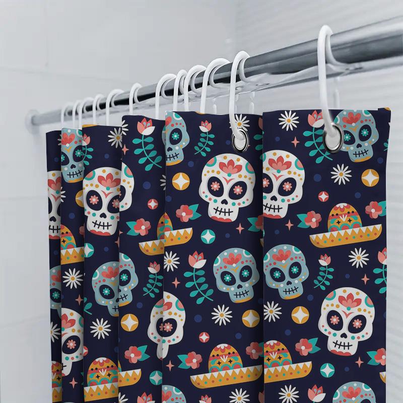 Multicolored Skull Print Shower Curtain For Bathroom Decor Blue Floral Design Polyester Fabric Water Repellent Waterproof Home C