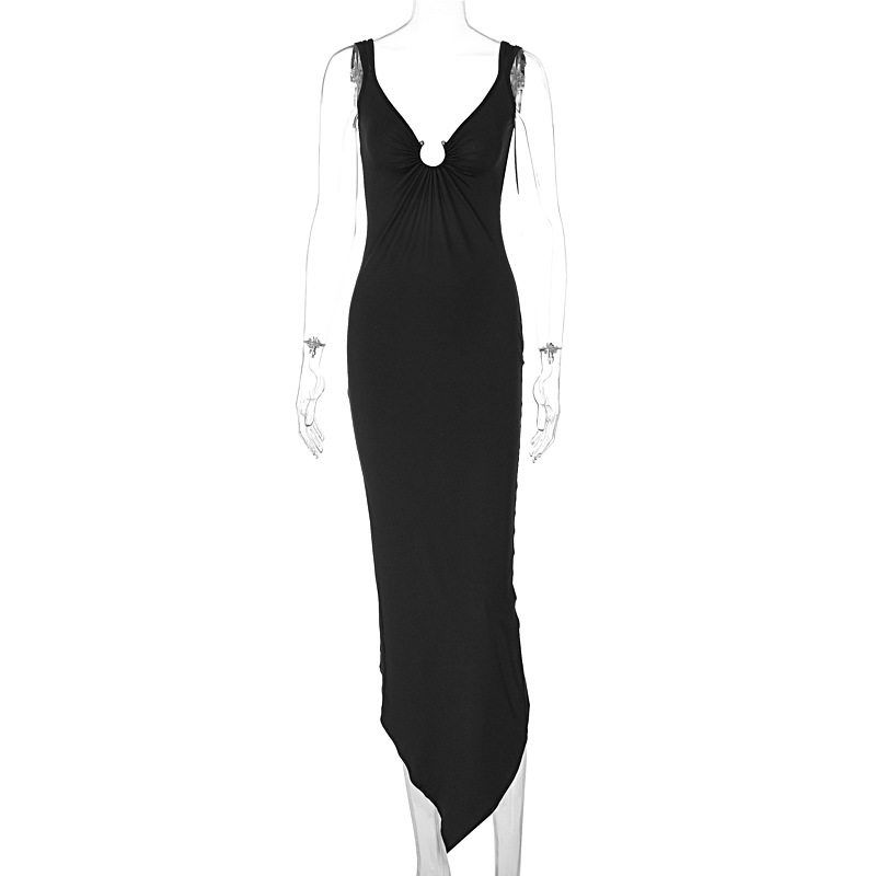 

European and American Style Cross-Border Women s Summer Long Dress with Slit, Sleeveless, Slim Fit, Bodycon, Strapless Dress, Sexy Hollow-Out Design Black L