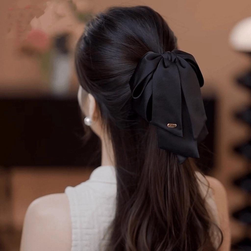 Korean Black Bow Hair Clip for Women - 2025 High-End Ponytail Hairpin, Small Claw Half-Up Clip
