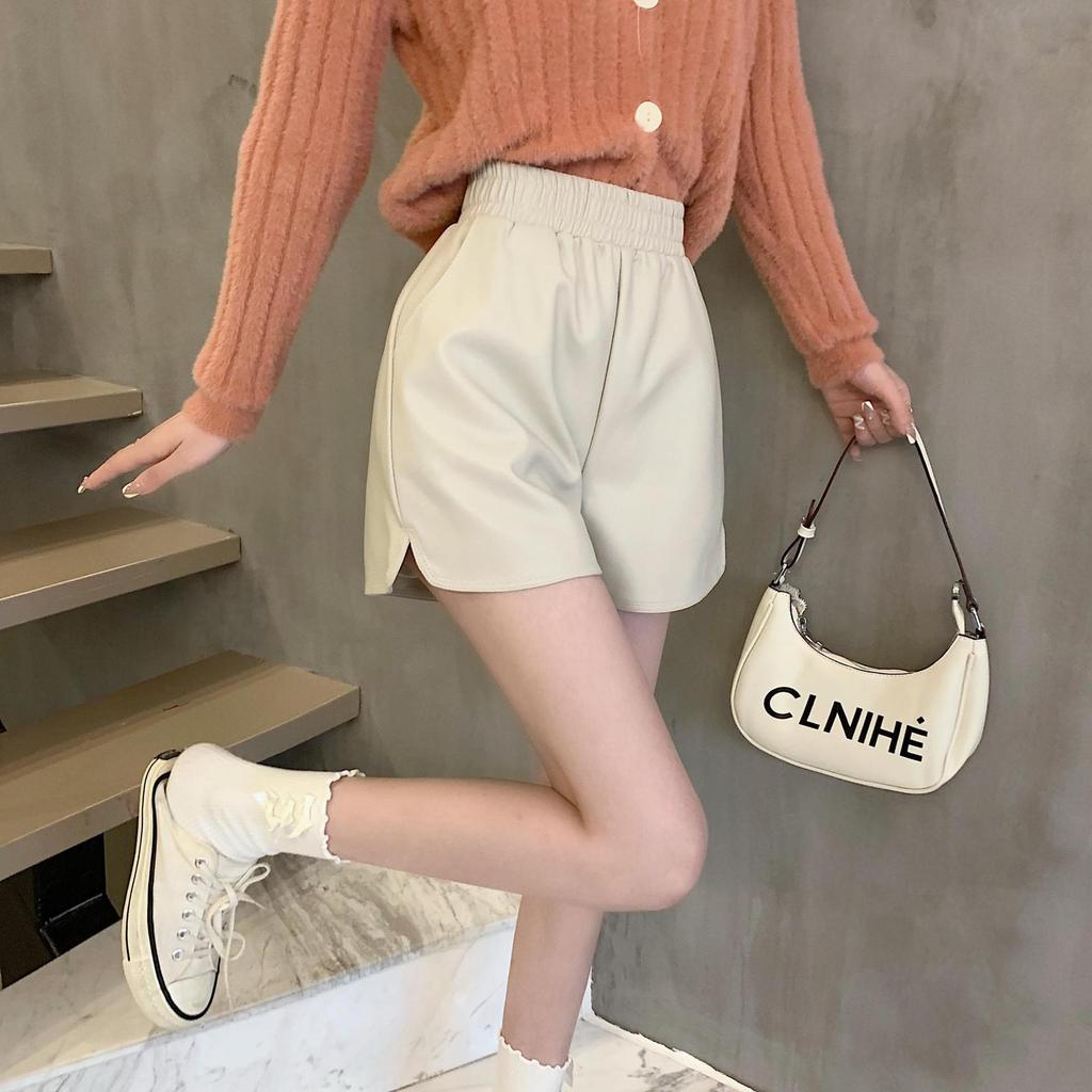Women's High-Waisted PU Leather Shorts - Autumn/Winter 2024, Plus Size, Loose Fit, Slimming, Wide-Leg.
