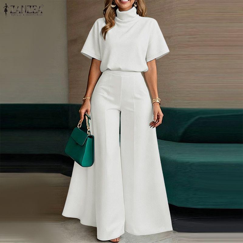 ZANZEA Women Short Sleeve Blouse and Wide Leg Pants Casual Two Piece Suit Sets