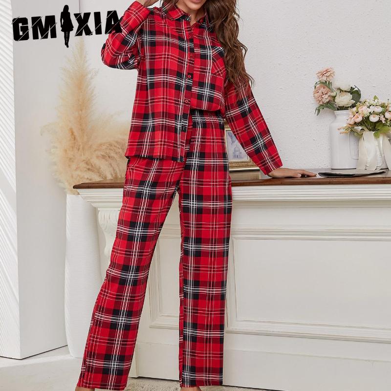 

GMXIA Пижама женская красная клетчатая с длинным рукавом осенне-зимняя домашняя одежда комплект из двух предметов можно носить на улице XL красный