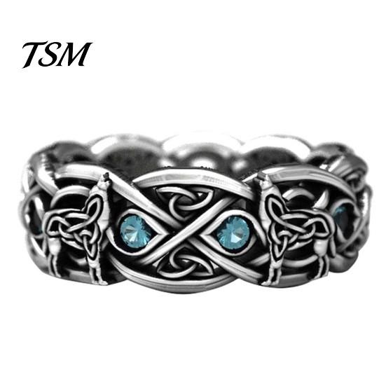 Fashion Ring Silver Plated Faux Topaz Inlaid Wolf Engagement Design Luxury Men for Party US 8