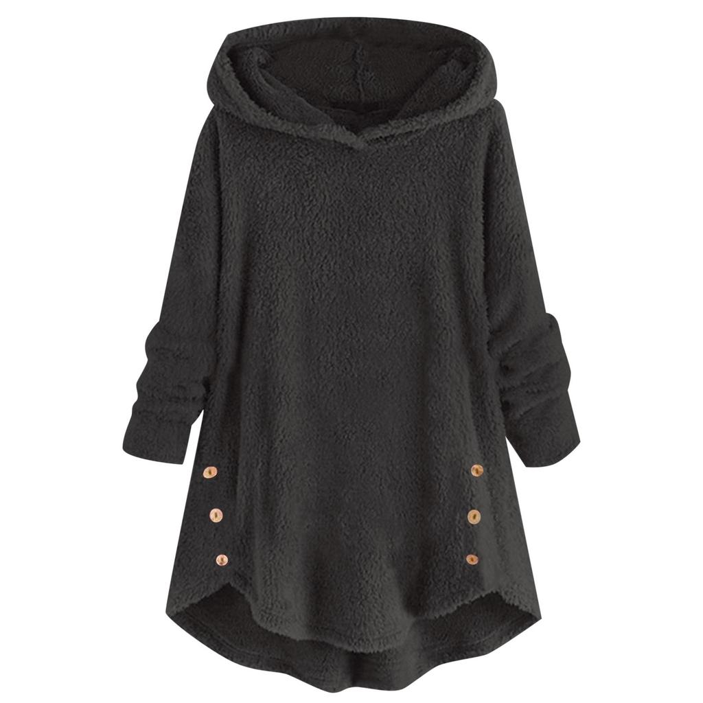 Giacca Top da Donna Casual con Cappuccio, Larga, con Orlo Arricciato e Bottoni Solidi in Peluche, Lunghezza Media