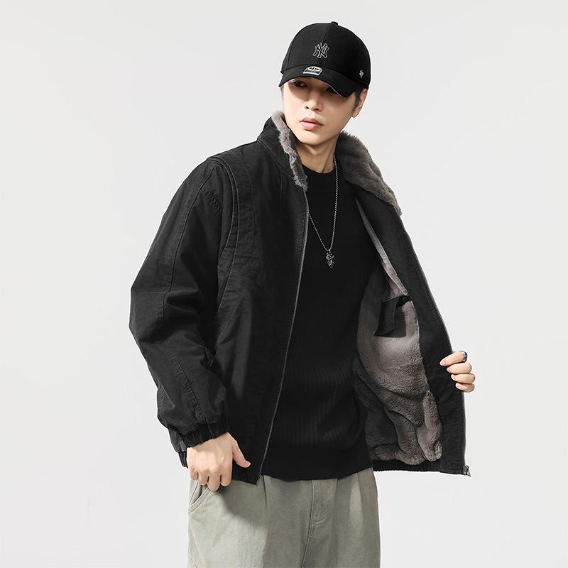 

2025 Men s Faux Rabbit Fur Fleece-Lined Winter Workwear Jacket with Fur Collar 2XL [160-178 jin] чорний