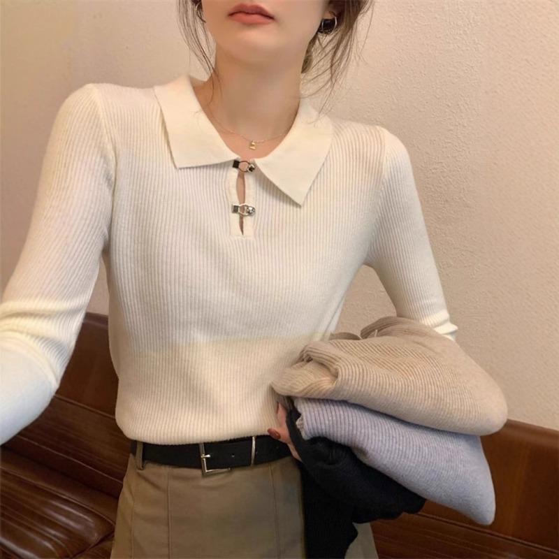 Bottom shirt women's spring and autumn new slim-fit high-end design sense inside knitted sweater polo collar top