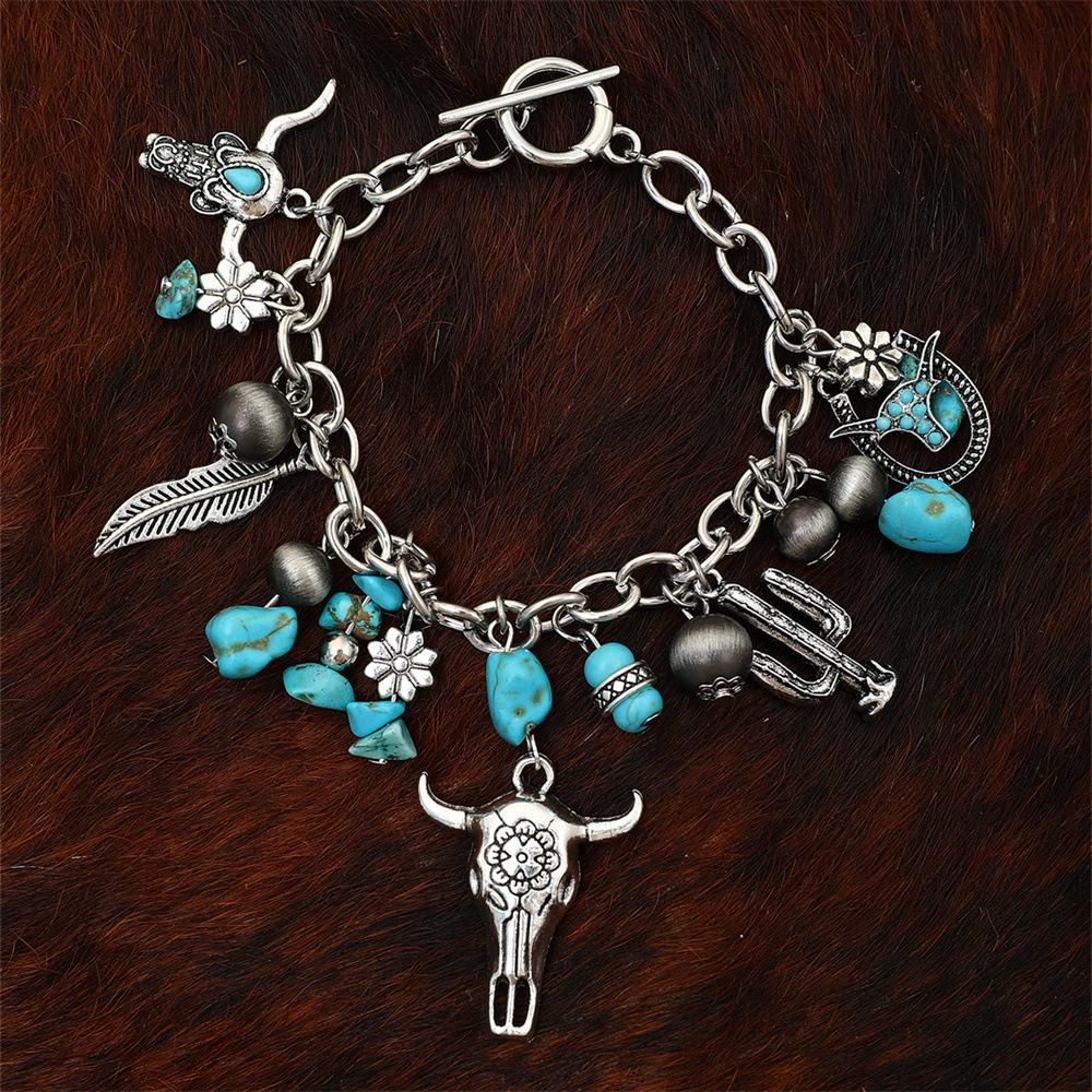 Women Tribal Turquoise Beaded Charm Bracelet Ethnic Western Cow Skull Bracelet one size