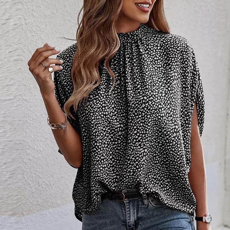 Elegant Leopard Print Chiffon Shirt for Women Bat Sleeve Summer Top Strap Blouse