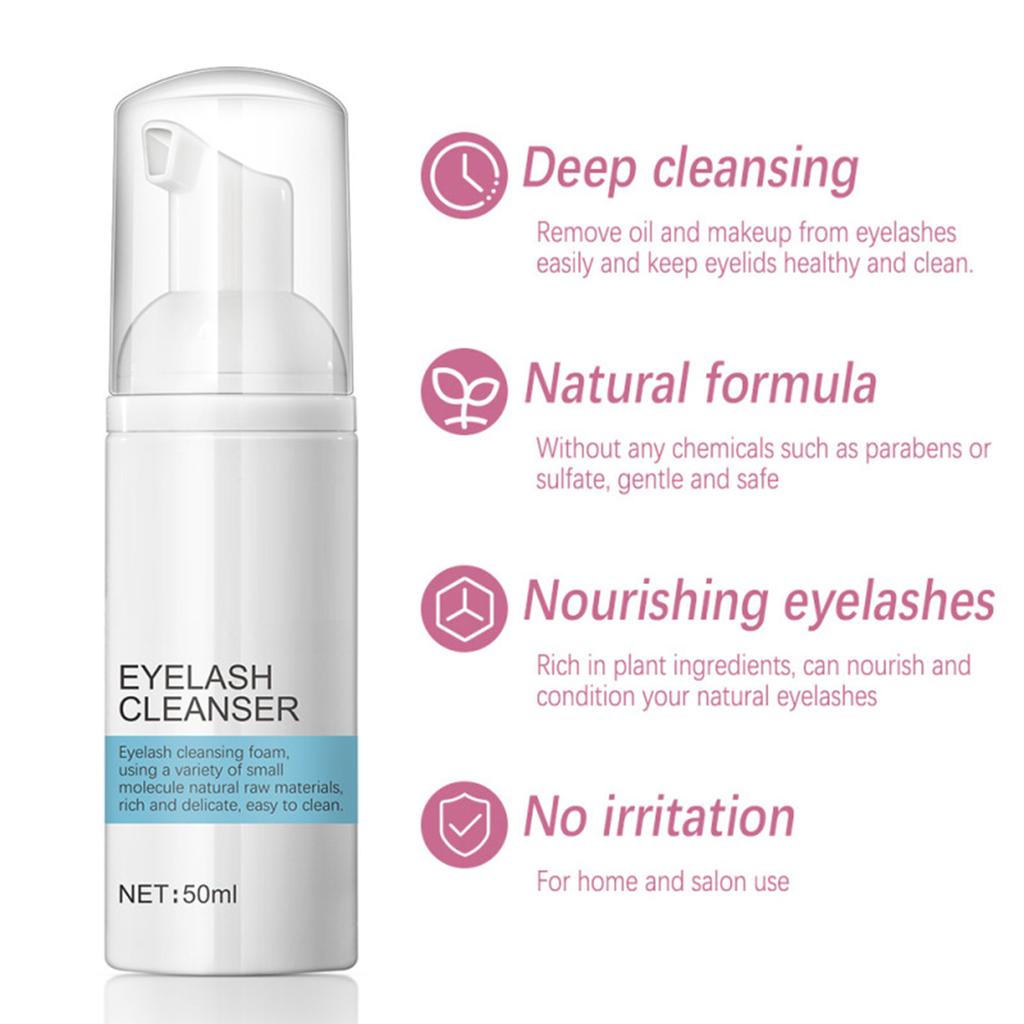 Eyelash Wash Cleanser Shampoo 50ml Eyelashes Eyebrow Foaming Cleanser for Extensions & Natural Lashes Safe Makeup & Mascara Remover