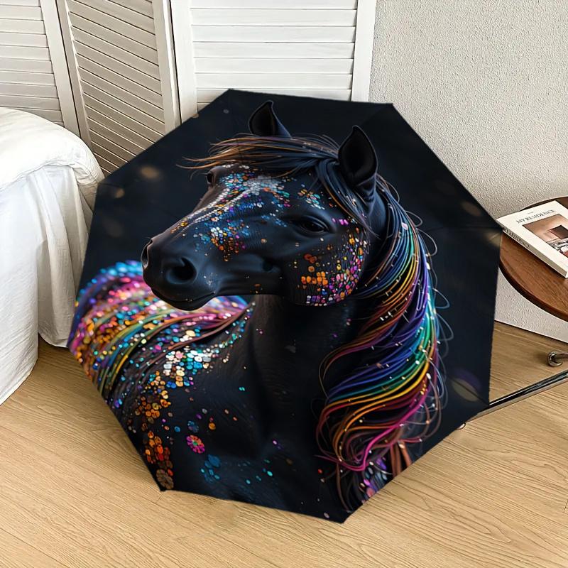 Colorful Sequin Horse Head Automatic Opening Folding Umbrella with Rainbow Mane - Outdoor Rain Gear for Fans, Travelers, Everyday Use, Festi