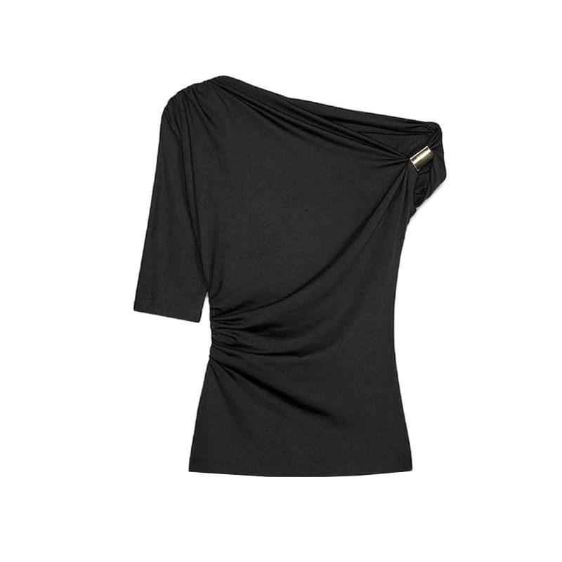 Spring and Summer New Women's Clothing Short Sleeve Multi-Color Selection Pure Color Chinlon Blended Asymmetric Minimalist Tops 1026164