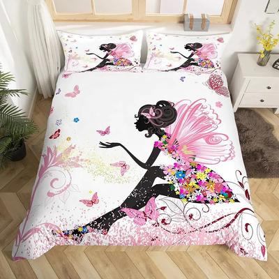 Juego de Funda Nórdica Estilo Romántico Juego de Ropa de Cama Chica Hada, Decoración de Mariposas Voladoras para Niñas Mujeres Pareja Funda de Edredón Rosa Fantasía