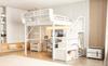Loft Bed (140 x 200 cm), Metal Bed with LED Light Strip, Long Desk, Safety Ladder and Flexible Storage – Universal Bed for Adults and Children White