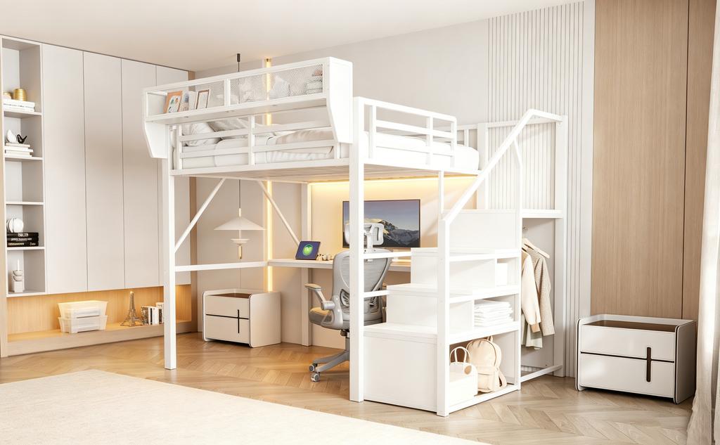 Loft Bed (140 x 200 cm), Metal Bed with LED Light Strip, Long Desk, Safety Ladder and Flexible Storage – Universal Bed for Adults and Children White