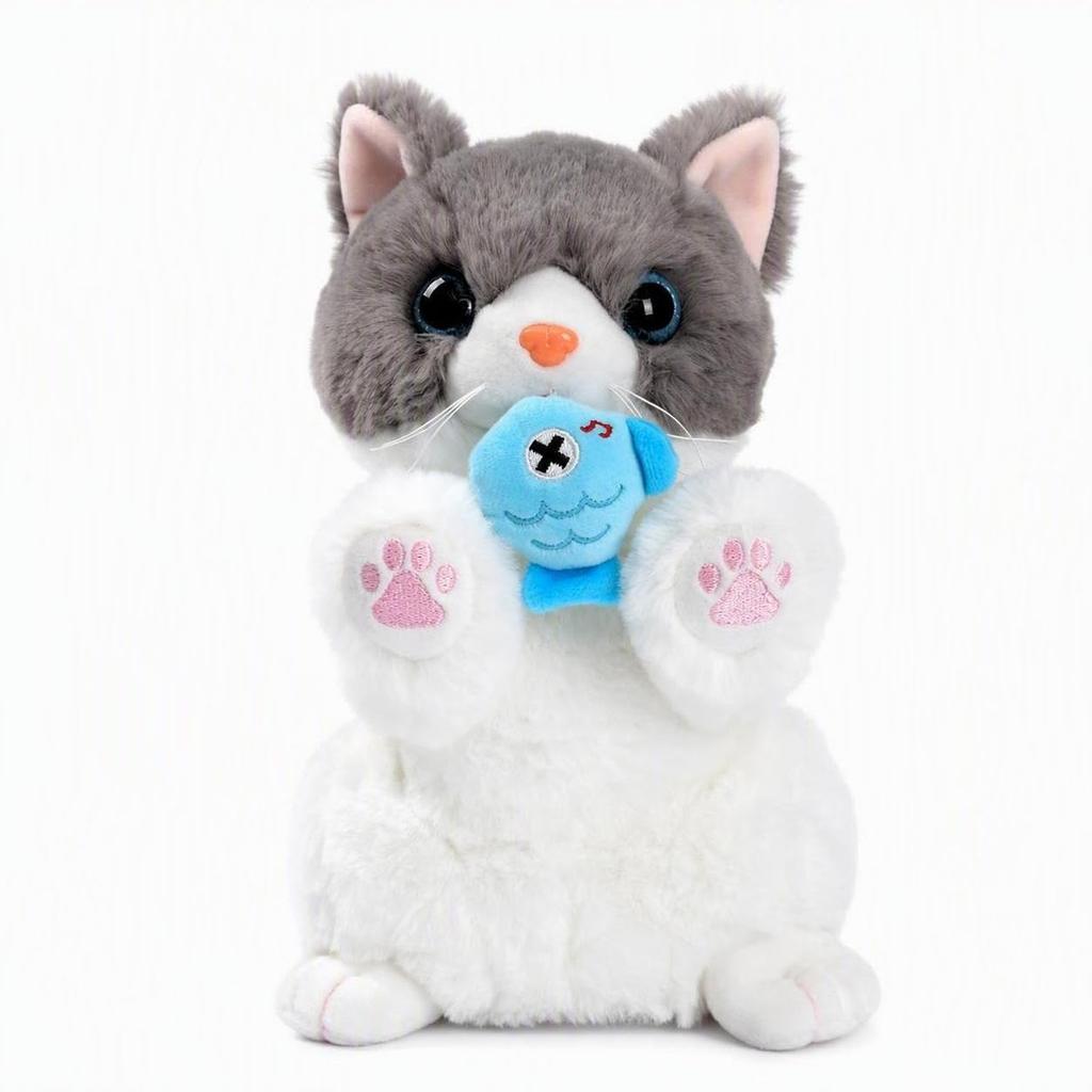 Moving cat plush toy, talks, mimics sounds, bobs its head, gray.