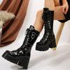 2025 New Punk Motorcycle Boots Women Patent Leather Wedges Platform Mid Calf Boots Woman Lace-Up Chunky Heel Gothic Botas Mujer