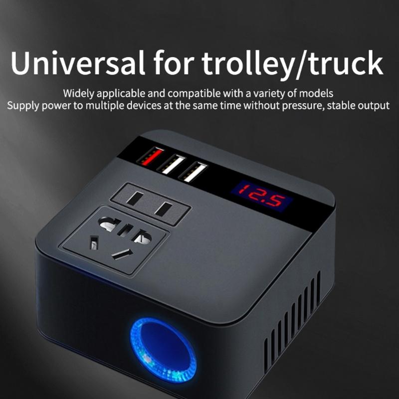 150W Car Power Inverter 12V/24VDC To 220VAC Converter with Three USB Charging Ports USB Car Outlet Adapter for Vehicle