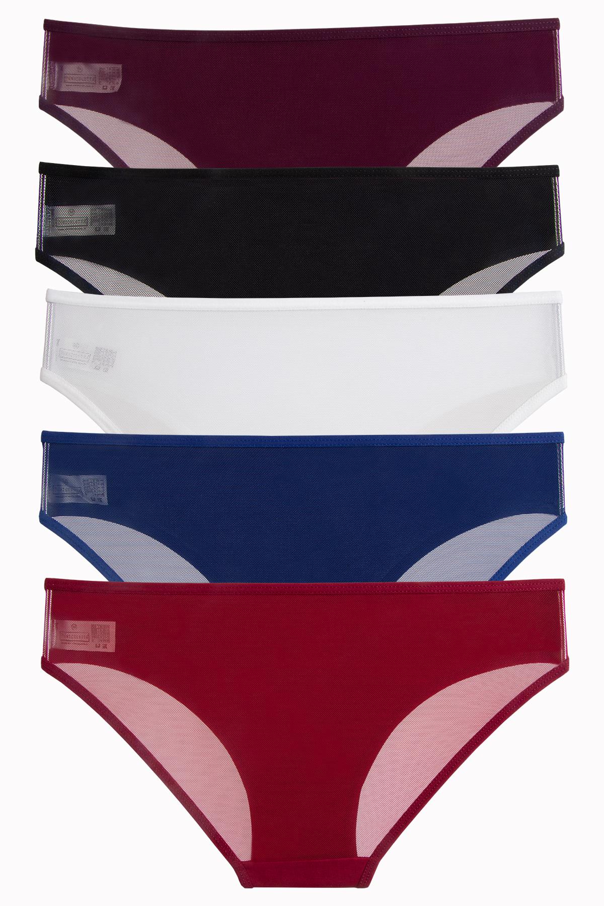 

Набор из 5 женских трусиков с прозрачной лайкрой на спине M бордовый