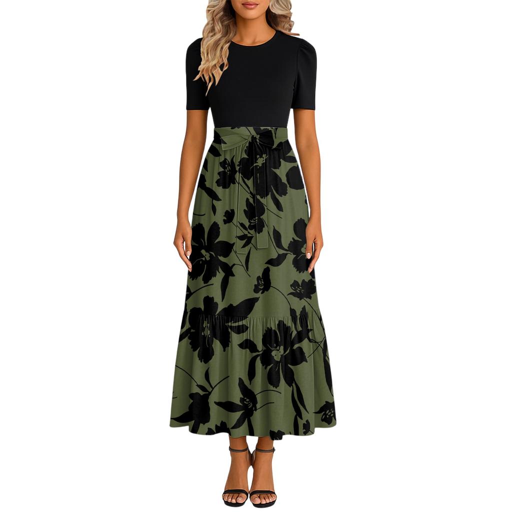 Women's Fashionable Casual Belt Short Sleeved Round Neck Print Elegant Temperament Dress