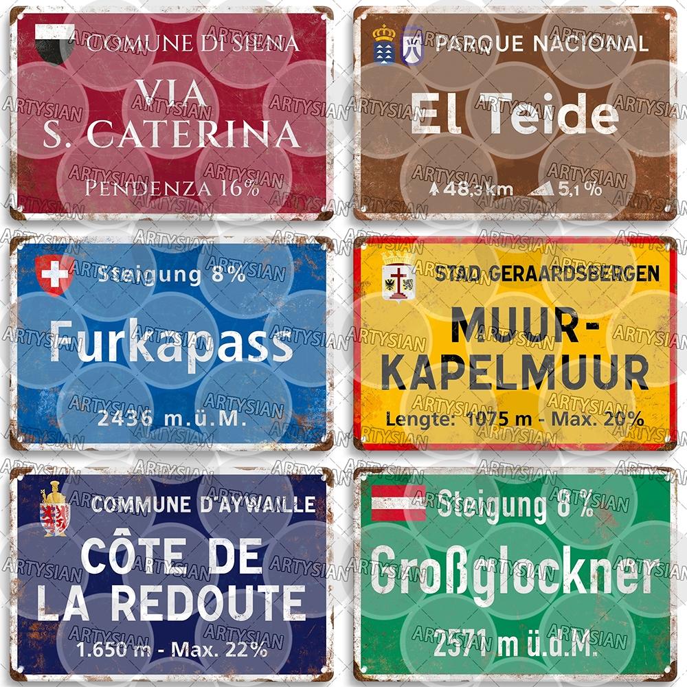 Tour de France Radrennen Radfahren Wahrzeichen Metallplakette Verkehrsschilder Österreich Italien Alpe d Huez Alto de L Angliru Poggio