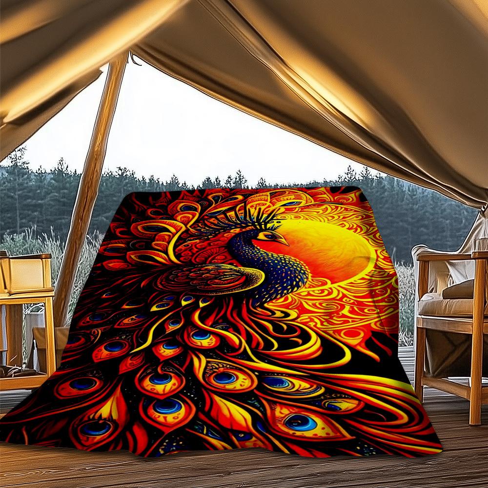 1pc Peacock Feather Print Print Outdoor Blanket, Lightweight Polyester,