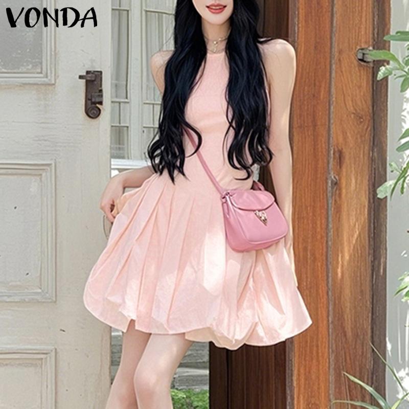 

VONDA Женское летнее платье без рукавов с круглым вырезом, однотонное, повседневное, А-силуэта, плиссированное 4XL розовый