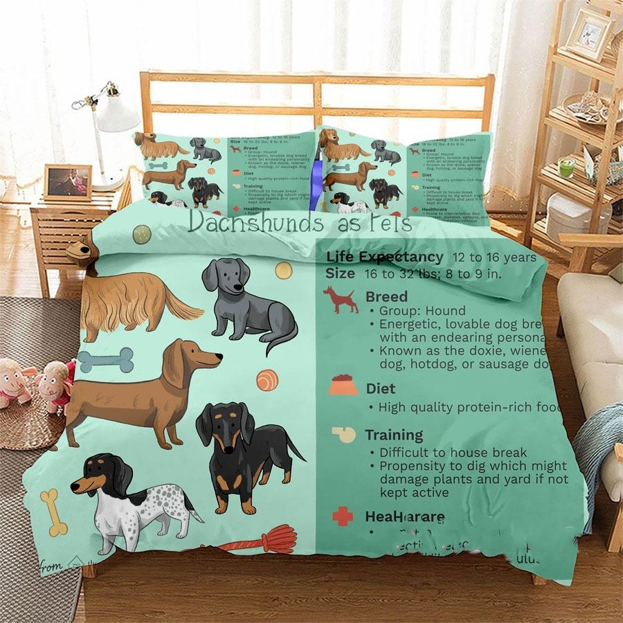 3D Digital Printing Three-Piece Set Cute Funny Dachshund Quilt Cover Pillowcase Bedding