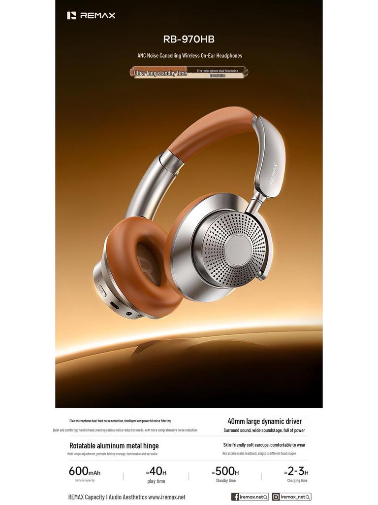 Remax Five Wheat Dual Feed ANC Over-Ear Wireless Headphones with Long Battery Life and Bluetooth 6.0.