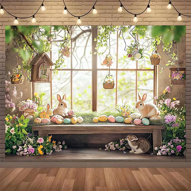 2D Happy Easter Backdrop Cloth 2D Print Floral Garden Bunny Living Room Wall Decor