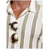 Men Vertical Stripe Hollow Out Cuban Collar Short Sleeve Loose Casual Button Down Shirt