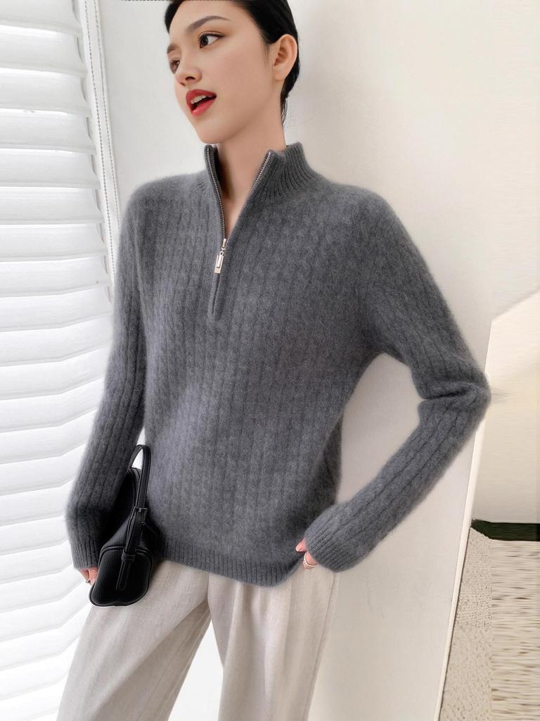 Women's 100% Wool Cable Knit Sweater: Autumn/Winter Seven-Stitch Thickened Half-High Collar with Half-Zip & Long Sleeves