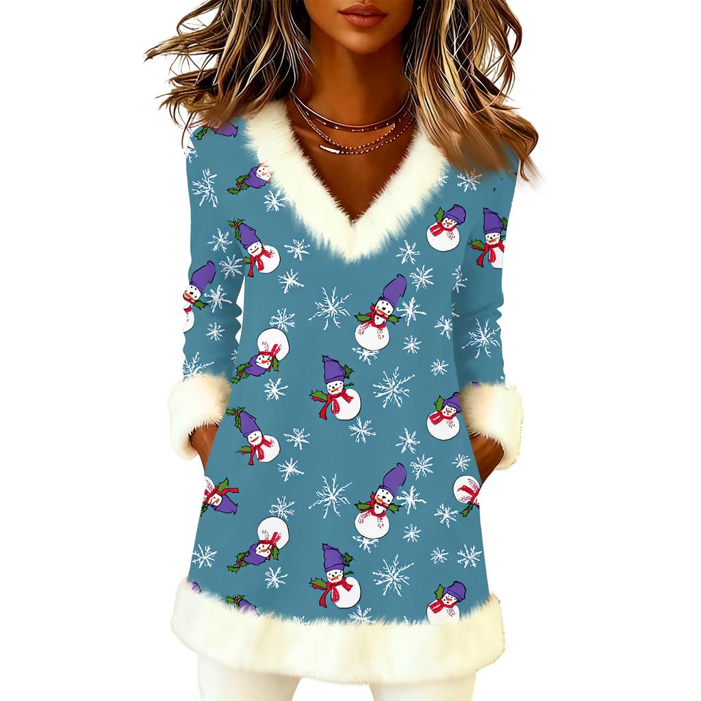 Women's Christmas Fashion Plush V-Neck Pullover Printed Long-Sleeved Top