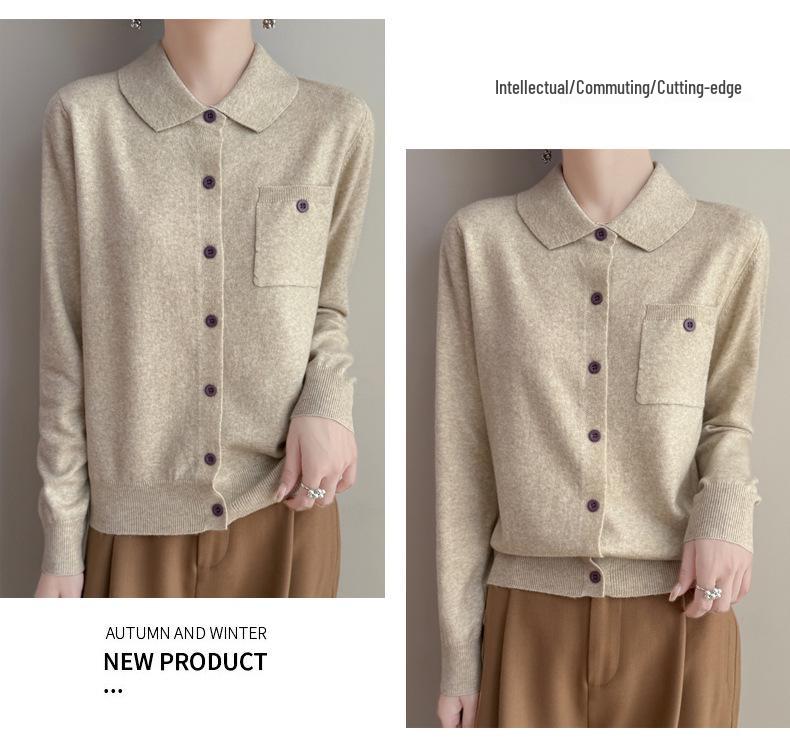 Women's Autumn Lapel Pocket Wool Cardigan – Long Sleeve Solid Color Knit Outerwear