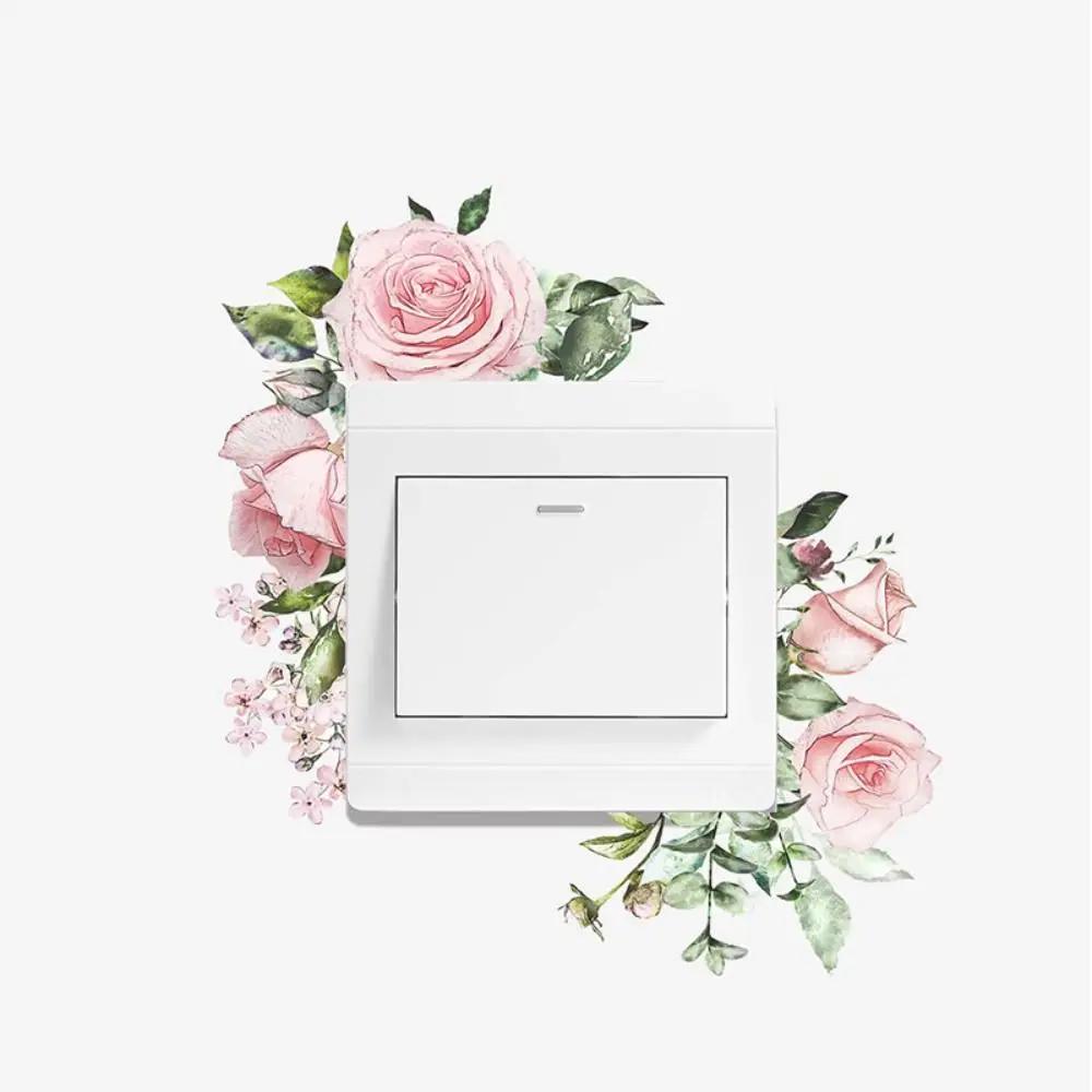 Creative Rose Daisy Peony Flowers Leaves Green Plant Wall Switch Stickers PVC Light Plugs Switches Plant Decals Home Decor Gifts