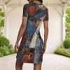Women Plus Size Round Neck Short Sleeve Printed Fitted Mini Dress