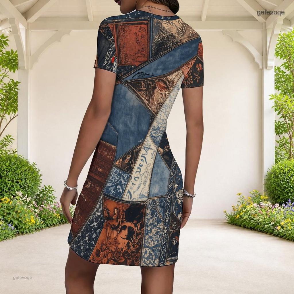 Women Plus Size Round Neck Short Sleeve Printed Fitted Mini Dress