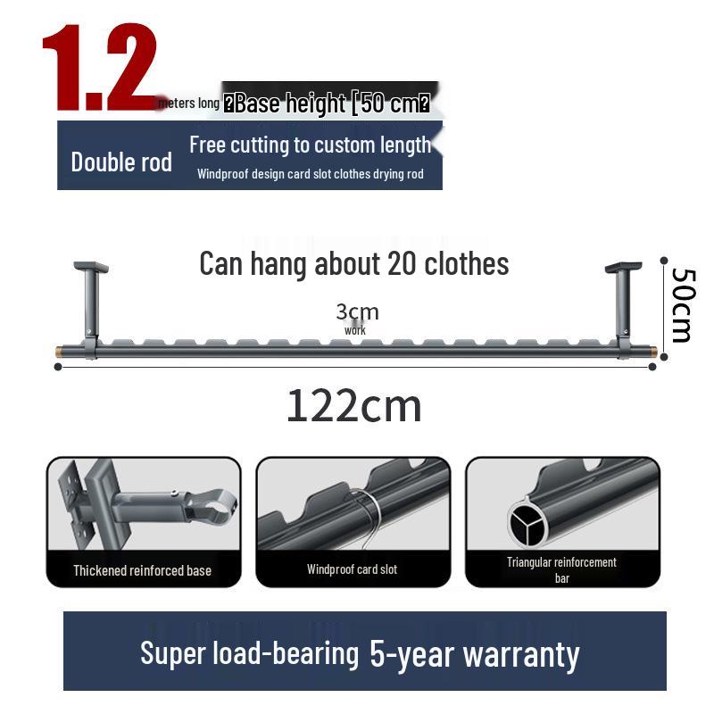 Aluminum Windproof Balcony Drying Rod - Top-Mounted, Hole-Punching Design for Secure Clothes Hanging