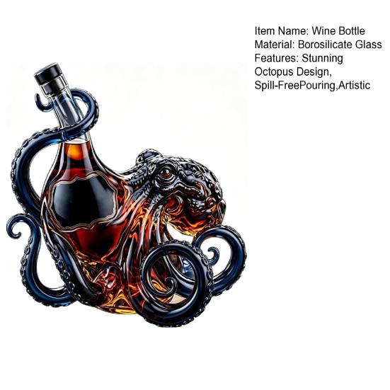 Octopus-Shaped Glass Decanter, 3D Artistic Borosilicate Bottle for Whiskey Wine Soda, 350ml Decorative Liquid Bottle, Unique Bar Decor Gift for Marine