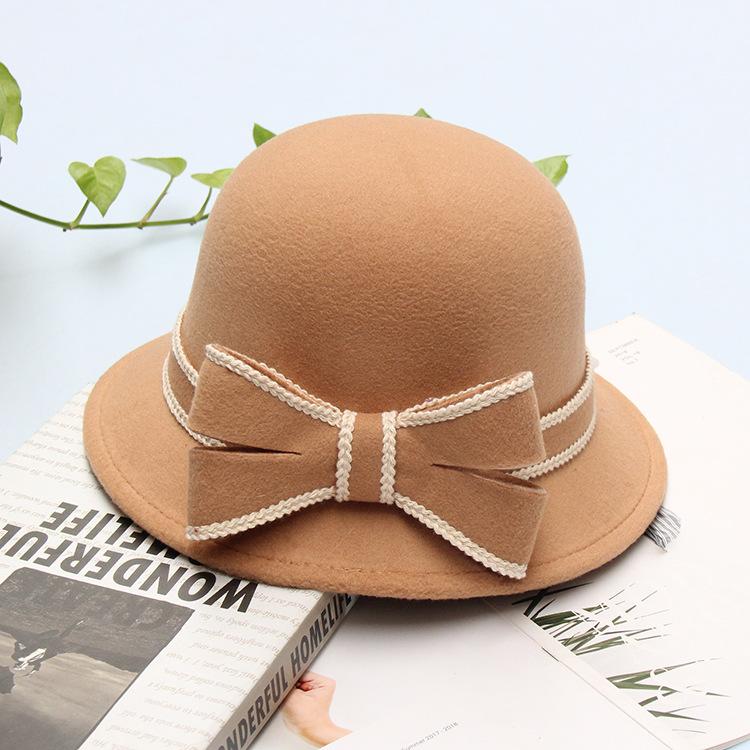 Retro Bow Woolen Hat Women's Autumn and Winter Warm Fashion Top Hat British Bucket Hat
