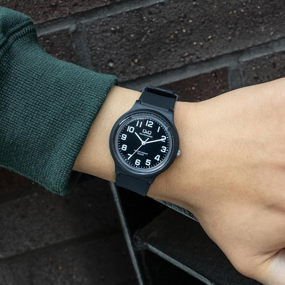 Citizen Q&Q Analog Solar Watch 10 ATM Water Resistant Lightweight Easy Read Dial Black Rubber Strap