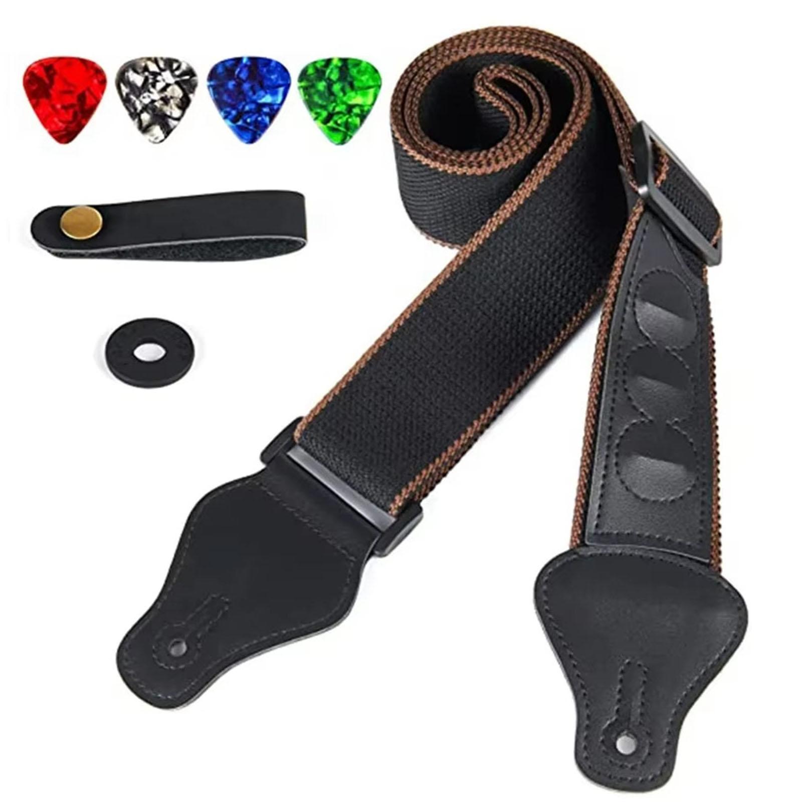 

Adjustable Nylon Guitar Strap Stage Performances Guitar Strap With Leather Ends for Ukulele Bass with Pick Pocket