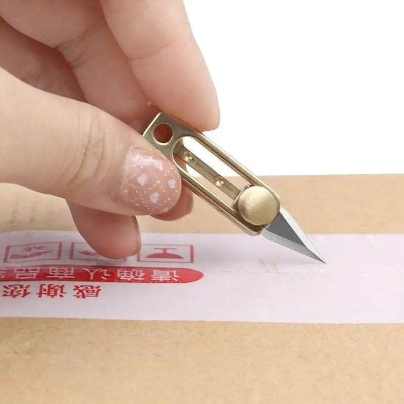 Brass Mini Sharp Knife Creative Retractable Box Opener Portable Keychain Pendant for Express Parcel Unpacking Daily Accessory