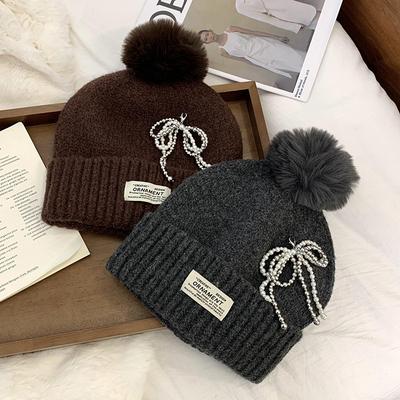 Big Head Circumference Hat Autumn and Winter Pearl Bow Big Hairball Knitted Wool Hat Cycling Hat