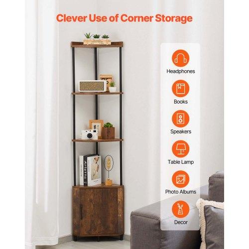 VEVOR 5 Tier Corner Shelf, Tall Corner Stand with LED Light and Doors, Wall Shelves Tower Storage Organizer, Metal Frame & Wooden Shelves